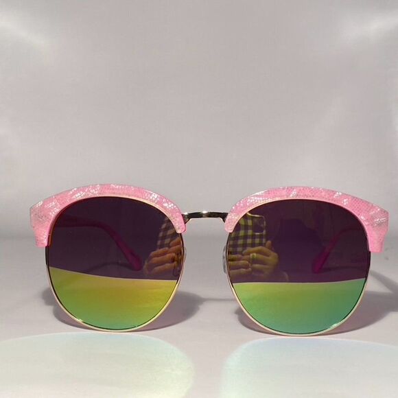 0633 Pink Plastic and Gold Metal Mirrored Green Lense Sunglasses New - Picture 2 of 12